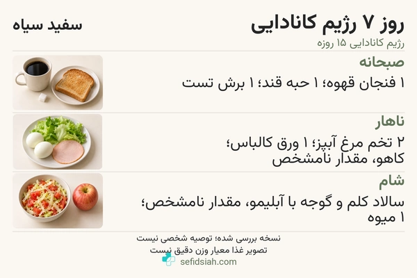 روز هفتم رژیم کانادایی با تخم مرغ و کالباس و سالاد کلم همراه میوه