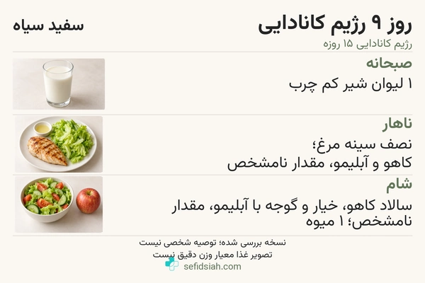 روز نهم رژیم کانادایی با شیر، مرغ و سالاد خیار و گوجه همراه میوه