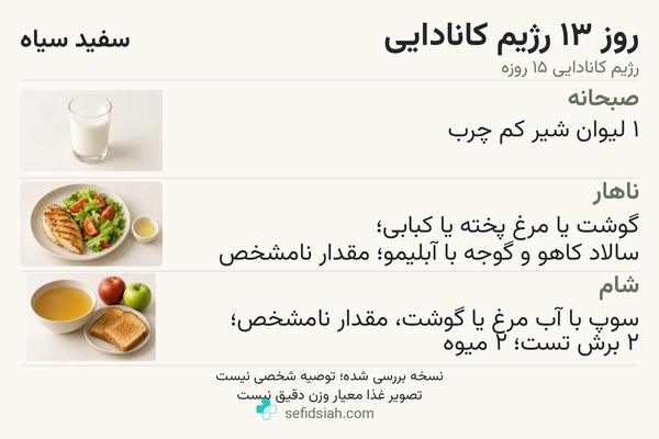 روز سیزدهم رژیم کانادایی با شیر، مرغ و سالاد و سوپ همراه تست و میوه