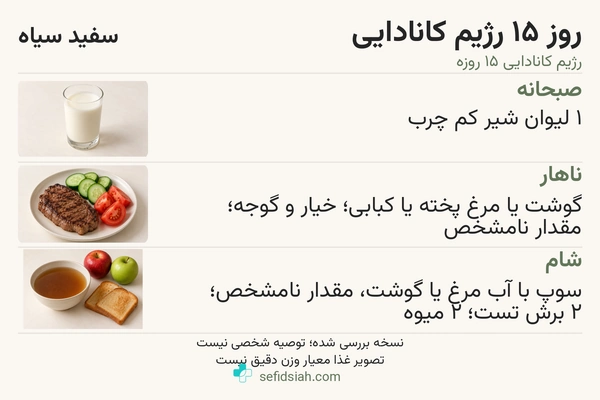 روز پانزدهم رژیم کانادایی با شیر، گوشت و سبزیجات و سوپ همراه تست و میوه