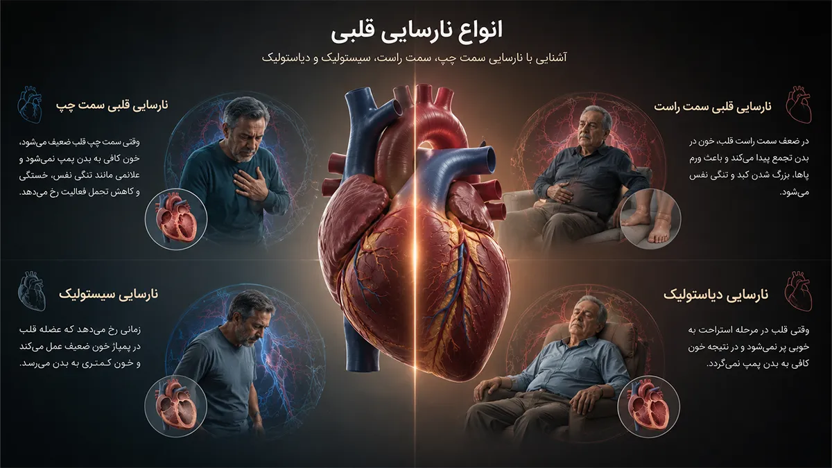 انواع نارسایی قلبی چیست؟ آشنایی با نارسایی سمت چپ، سمت راست، سیستولیک و دیاستولیک
