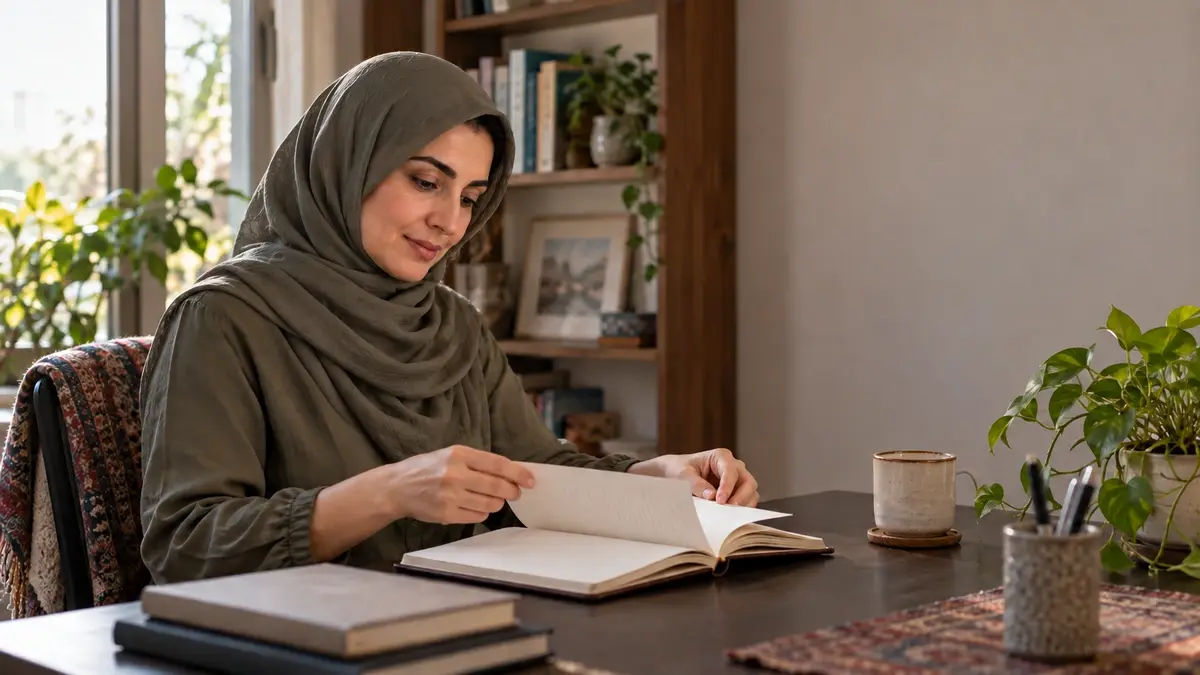 زن بزرگسال در حال مرور دفترچه ثبت چرخه در خانه