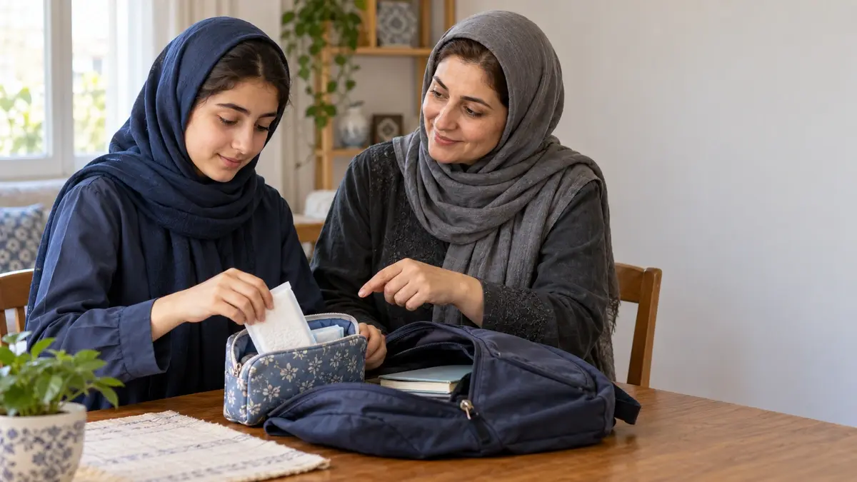نوجوان و مادر در حال آماده کردن کیف وسایل قاعدگی برای مدرسه