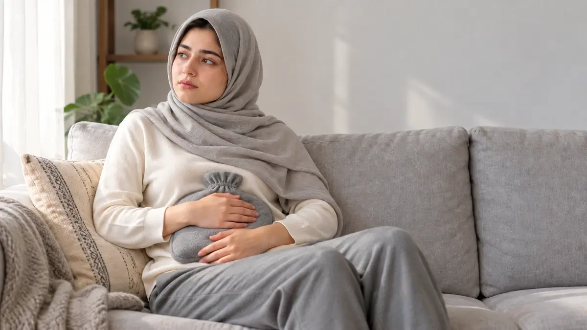 زن نشسته روی مبل با کیسه آب گرم پوشیده در پارچه با درد پریود