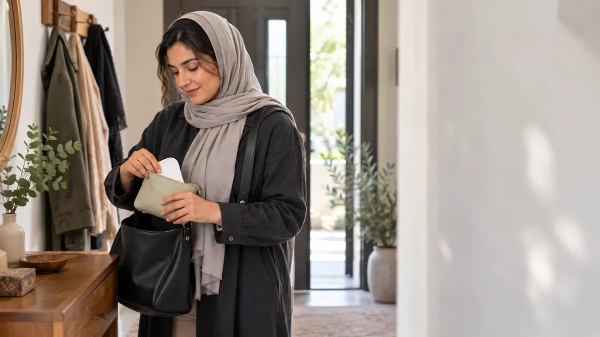زن در حال قرار دادن کیف وسایل مراقبت قاعدگی در کیف روزانه